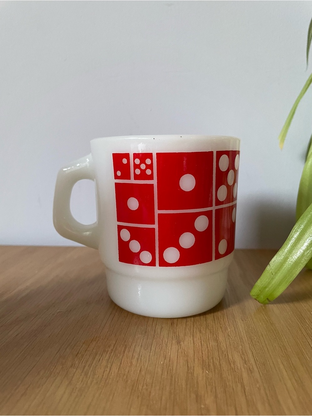 Vintage MCM Fire-King Milk Glass Super Dice Domino Stacking Mug Red